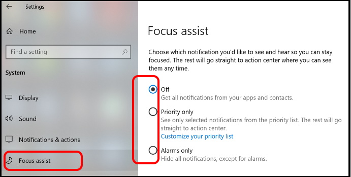 focus assist notification settings
