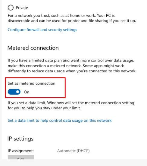 metered connection in windows 10