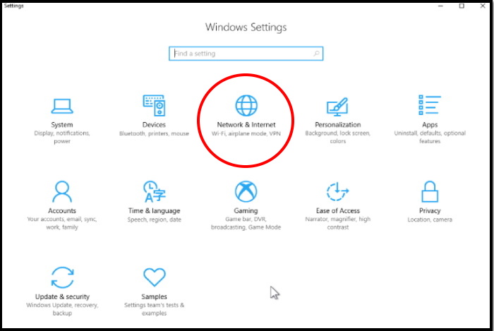 Network & Internet settings in windows 10