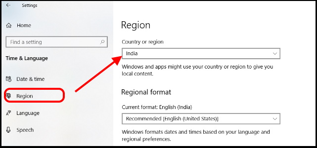 Region setting in windows 10