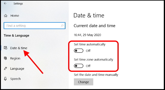 Date and time settings in windows 10
