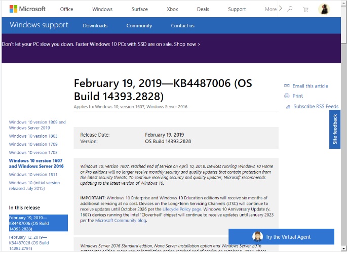 KB4487006 for Windows 10 version 1607 Cumulative Updates