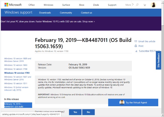 KB4487011 for Windows 10 version 1703 Cumulative Updates