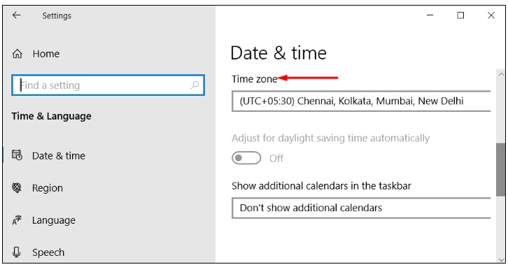 Date & Time settings in Windows 10