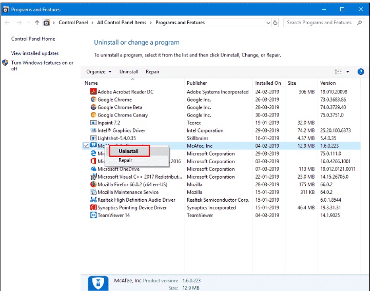 uninstall programs in windows 10