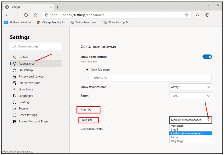 modify font size in edge browser