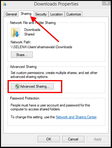 advance sharing in windows 10