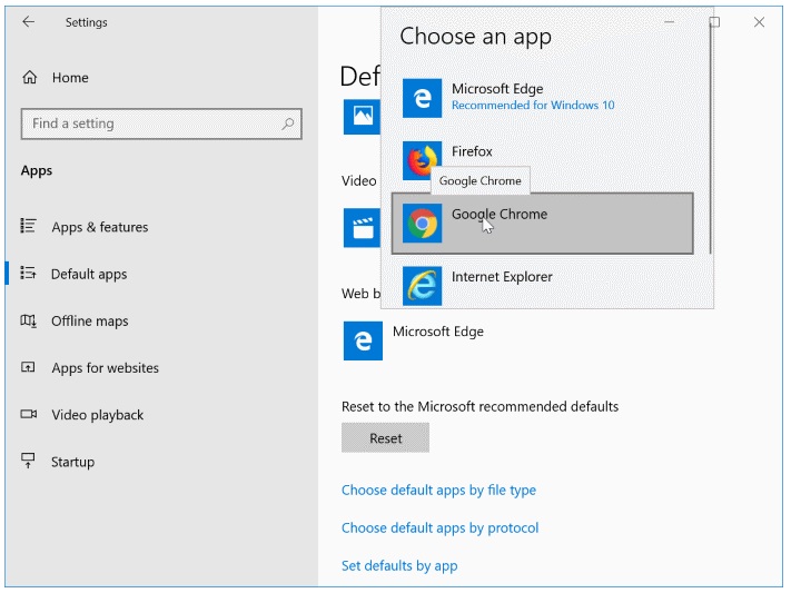 Default apps in windows 10