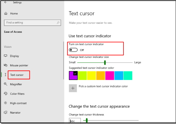 how to manage cursor indicator in windows 10