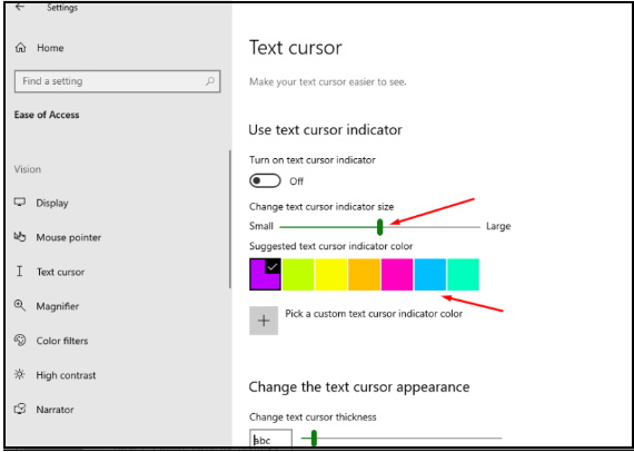 how to manage cursor indicator in windows 10