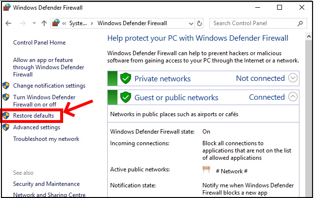 restore as default firewall setting in windows 10