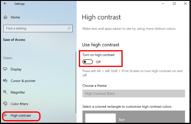 high contrast in ease of access setting