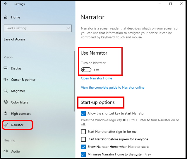 narator in ease of access setting