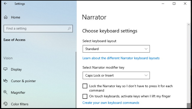 narrator in ease of access setting in windows 10 