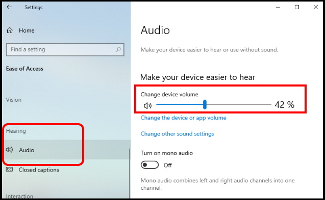 audio in ease of access setting