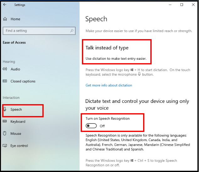 speech setting in windows 10