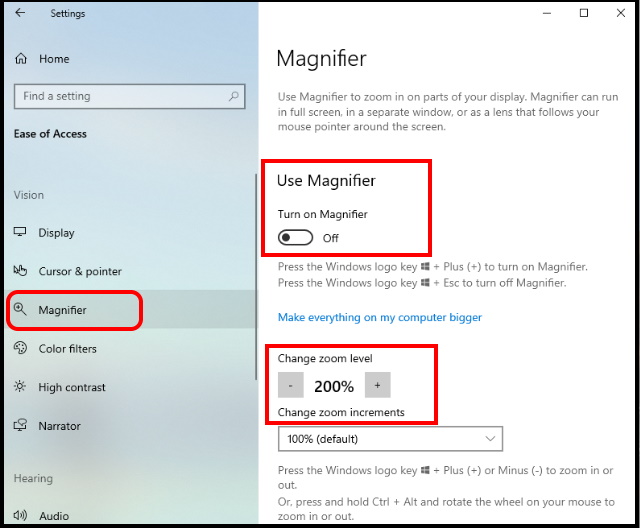 magnifier in ease of access