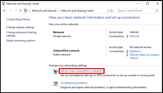 setup network connection windows 10