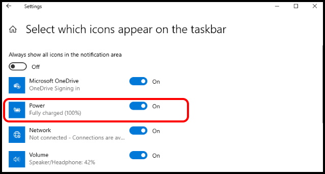 Tips : How to Fix Battery icon not displaying on Taskbar in Windows 10