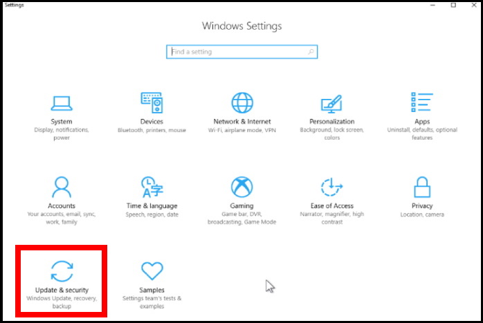 update and security in windows setting