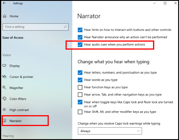 narrator audio cues text to speech