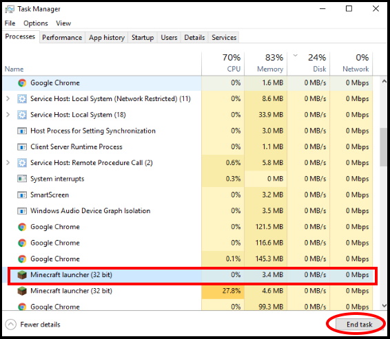 minecraft in task manager