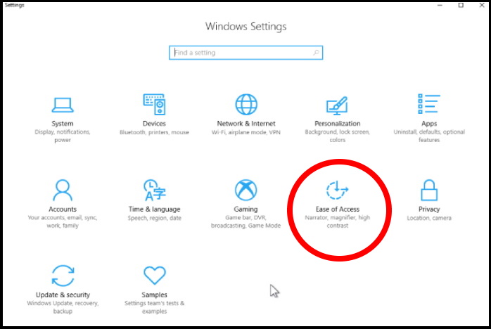 Ease of access settings