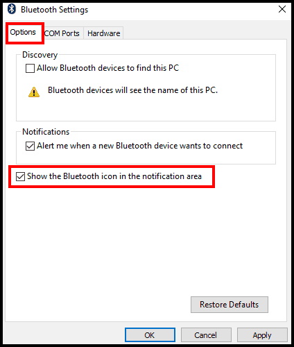 Bluetooth icon not showing