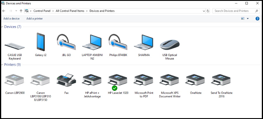 Devices and printers in Control Panel