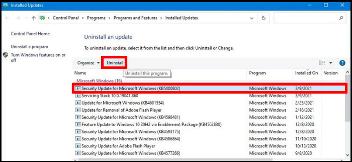 Uninstall Windows 10 update