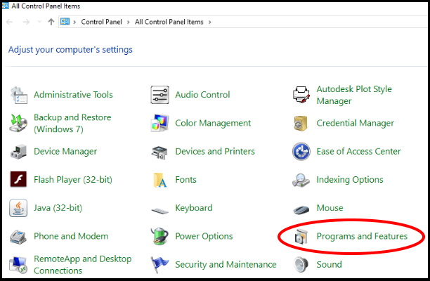 Program and feature windows 10