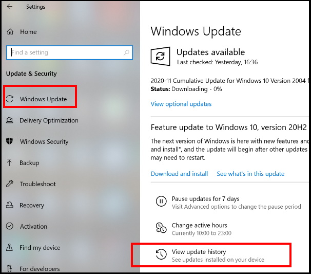 update history Windows 10
