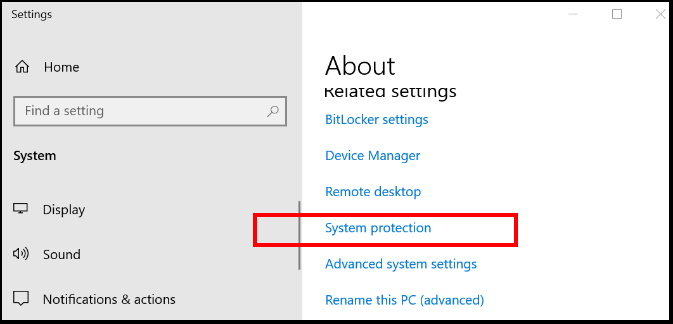 system protection windows 10