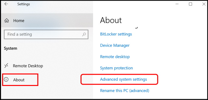 advance system setting windows 10