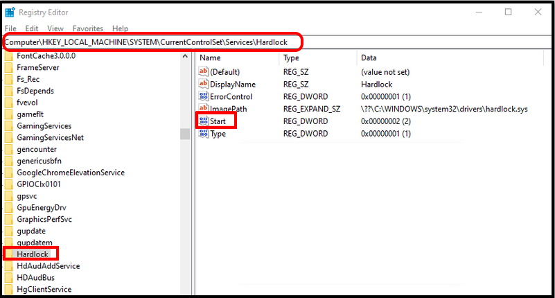 hardlock registry key windows 10