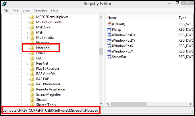 Notepad registry key