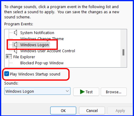 Windows startup sound settings