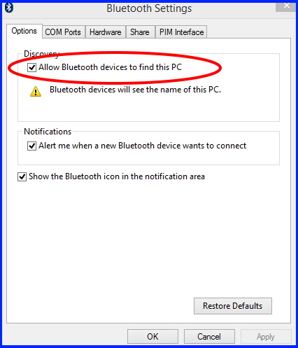 Allow bluetooth devices to find this pc