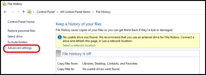 turn off file history windows 10