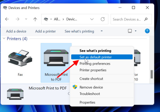 Set default printer Windows 11