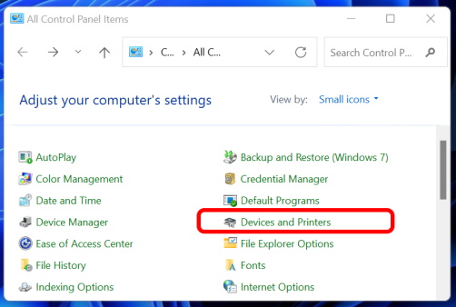 Devices and printer in control panel windows 11