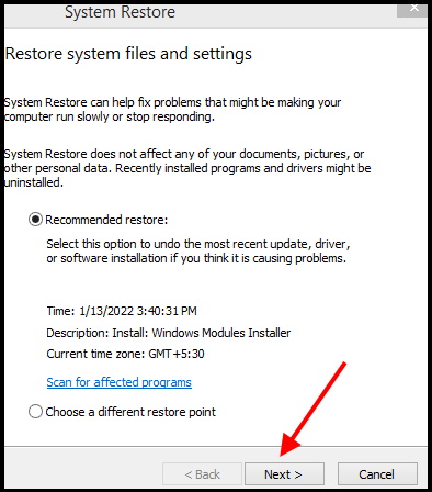 System restore Windows 10