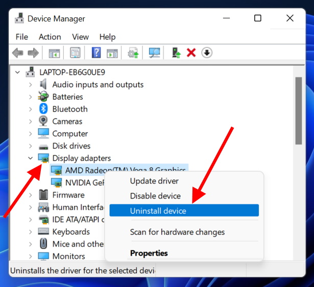 Uninstall graphic card drivers in windows 11