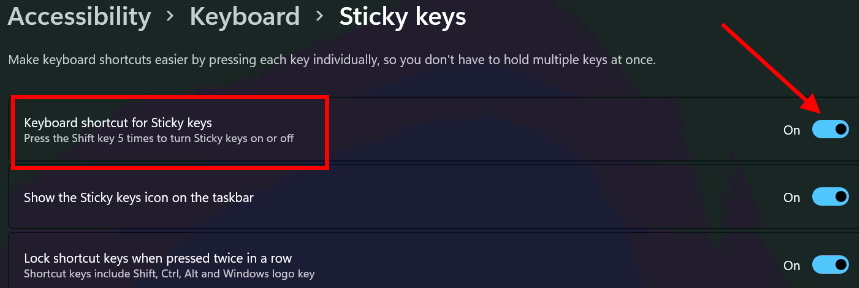 keyboard shortcut key for sticky keys