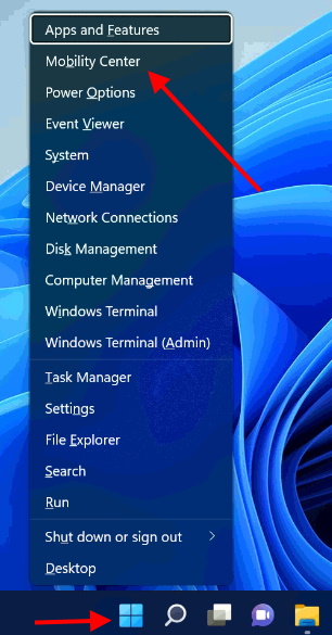 mobility center start menu