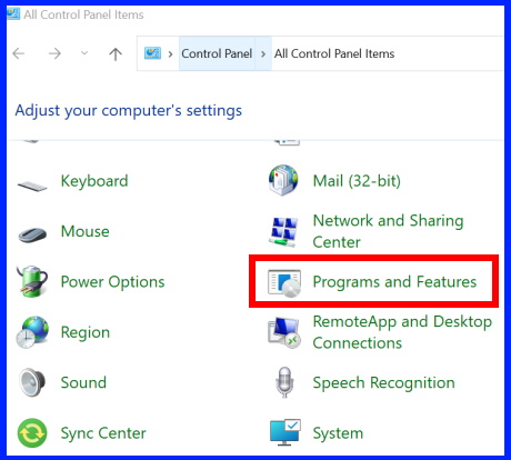 programs and features control panel