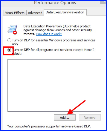Disable data execution prevention