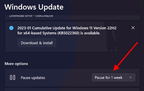 pause windows update for 01 week